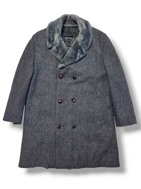 LONDON FOG Maincoats Double Breasted Wool Herringbone Top Coat Faux Fur Collar